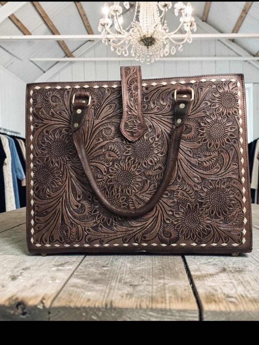 Brown Tooled Leather Tote/Briefcase  Bag - Women